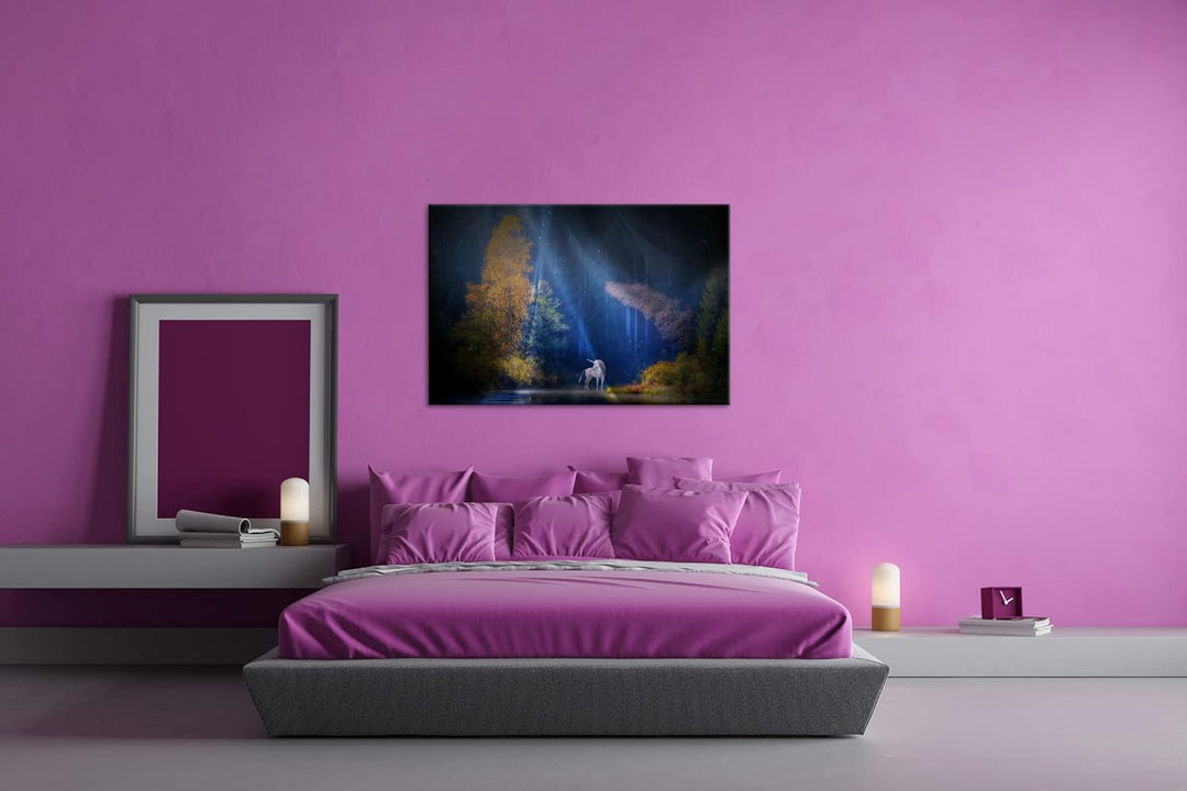 deyoli Einhorn auf einer Waldlichtung Format: 80x60 als Leinwandbild, Motiv fertig gerahmt auf Echth