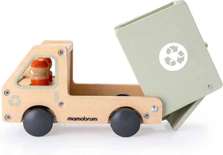 mamabrum Holz-Müllwagen mit Zubehör, Lernspielzeug für Kinder ab 3 Jahren, MDF, Natur und Grün, 2 Ho