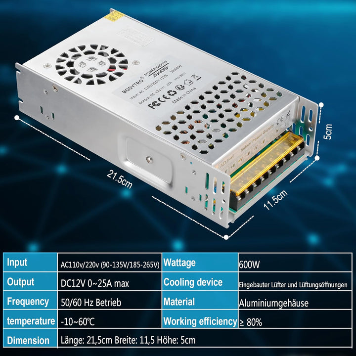 BOSYTRO 24V 25A 600W Schaltnetzteil, 24V Universal geregelter Netzteil AC110V / 220V (SMPS) LED Traf