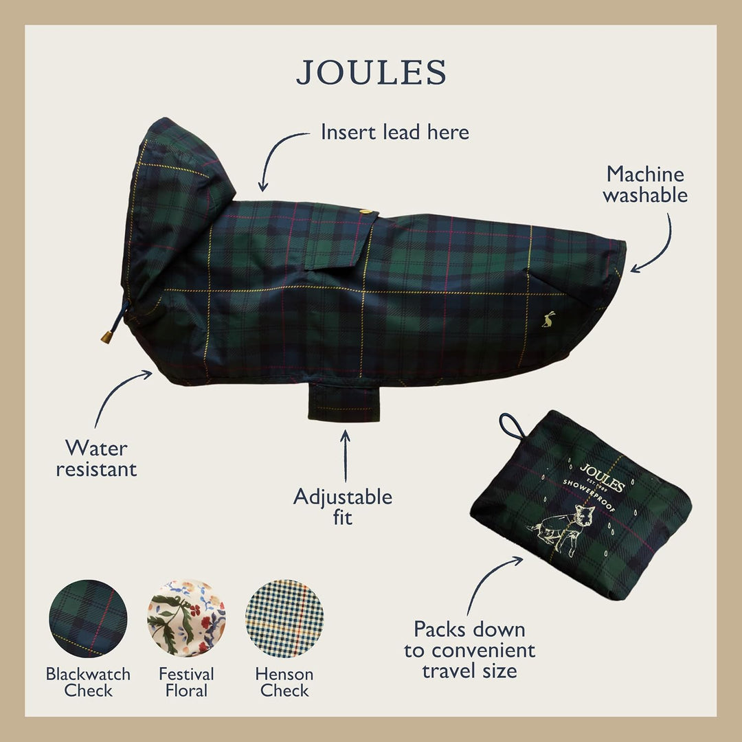 Rosewood x Joules Blackwatch Check Packaway Hundejacke, Grösse S, leicht, wasserabweisend, mit Kapuz