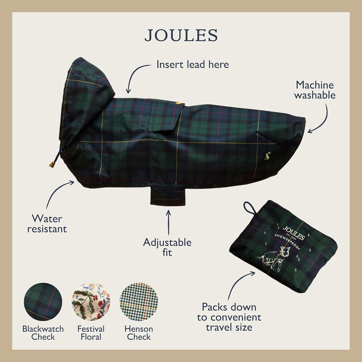 Rosewood x Joules Blackwatch Check Packaway Hundejacke, Grösse S, leicht, wasserabweisend, mit Kapuz