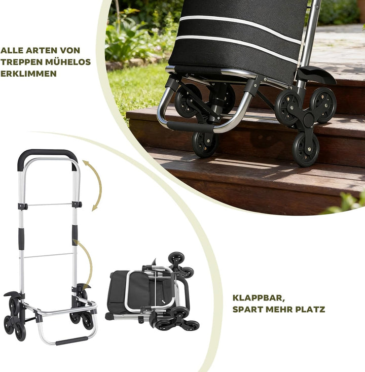Treppensteiger Einkaufstrolley, 56L Faltbar, Wasserdicht, mit Kühlfach, Universalräder, 40kg Belastb