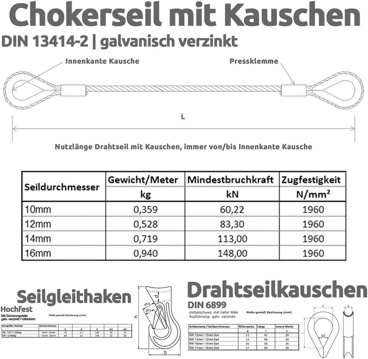 Drahtseile24 Chokerseil mit Kauschen, Rückeseil – Forstseil mit Seil Gleithaken | 10mm – 16mm | 0,5m