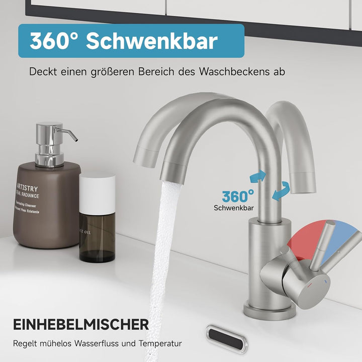 Wasserhahn Bad Gebürstet Nickel, Wasserhahn Küche Edelstahl, 360° Drehbar Waschtischarmatur Hoch, Ei