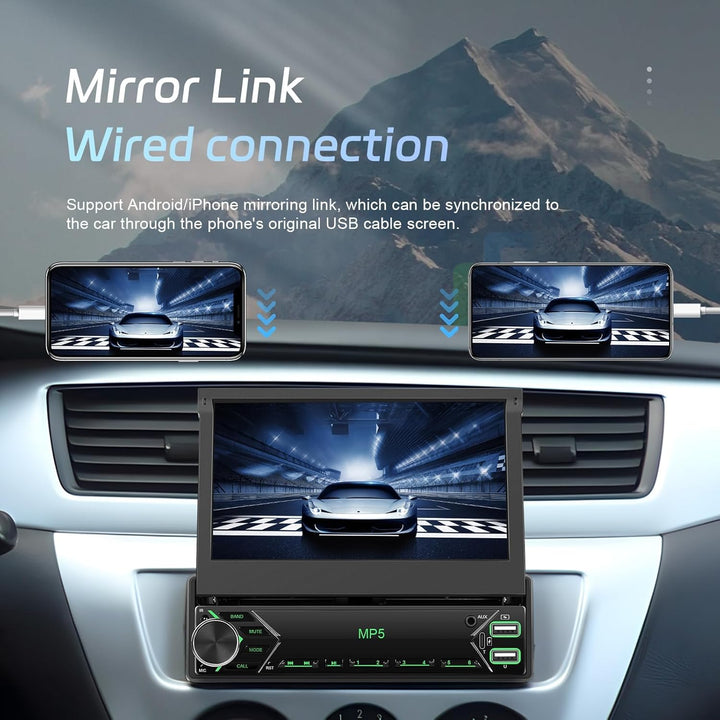 CAMECHO Upgrade Wireless 1 DIN Carplay Android Auto,7 Zoll Motorisiertem Bildschirm Autoradio mit Bl