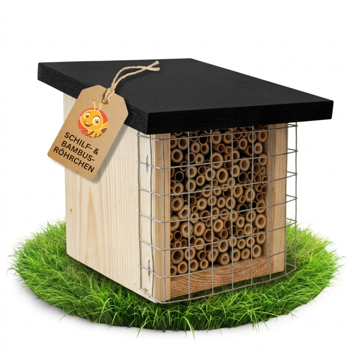 BEESI Insektenhotel mit Vogelschutz-Gitter & Multiplex Dach - Artgerechtes Wildbienenhotel wetterfes