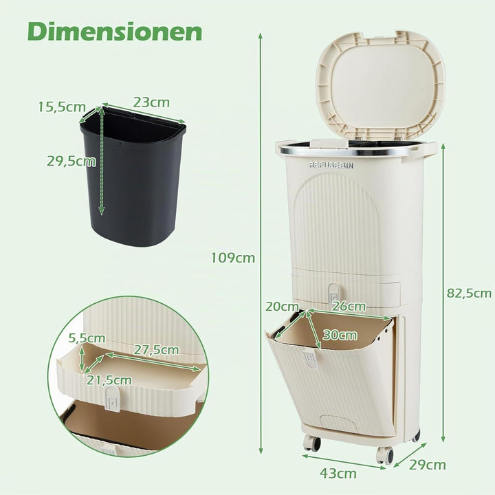 COSTWAY Mülleimer Küche, Mülltrennsystem 3 Fächer, 2 x 12L Inneneimer &amp; 14L Treteimer, Abfalleimer m