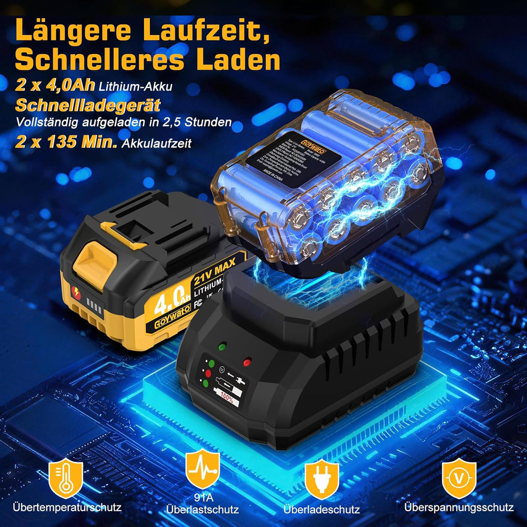 21V Akkuschrauber mit Schlagbohrfunktion - 140Nm Bürstenloser Akku Bohrmaschine mit 2 x 4.0Ah Akkus,