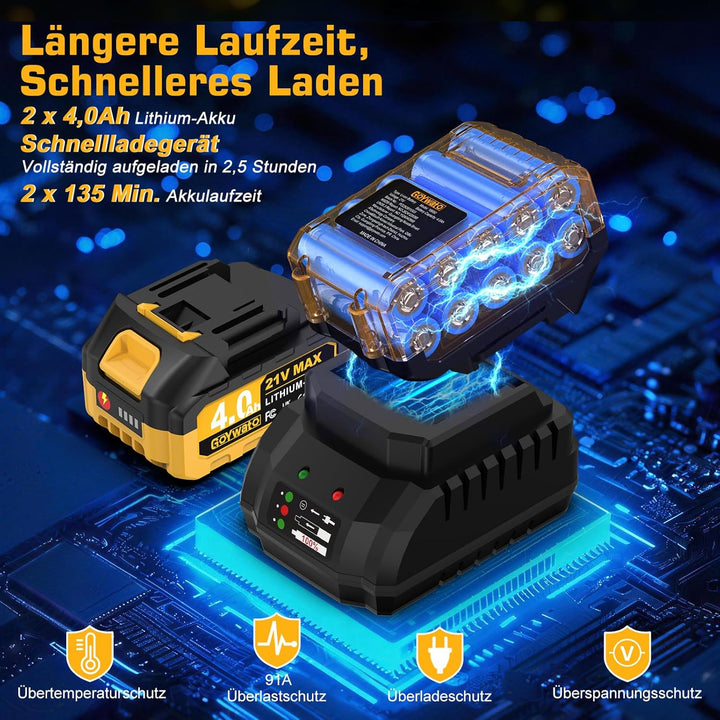 21V Akkuschrauber mit Schlagbohrfunktion - 140Nm Bürstenloser Akku Bohrmaschine mit 2 x 4.0Ah Akkus,