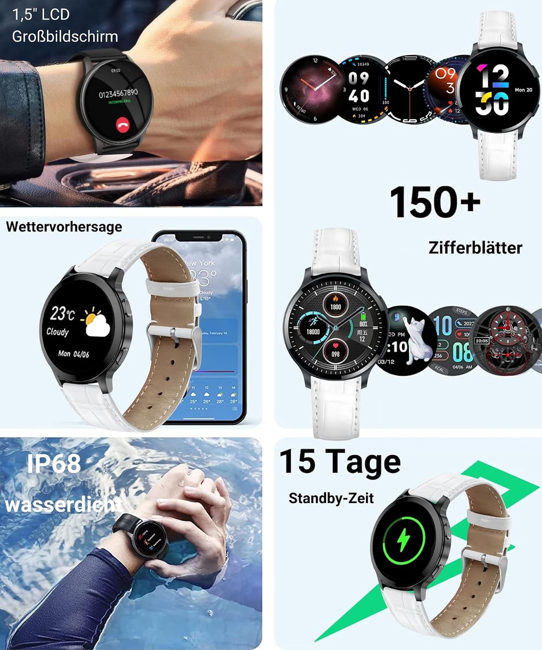 Smartwatch Herren Damen mit Telefonfunktion, 1.5" Fitnessuhr Armbanduhren Sportuhr mit Pulsmesser, M