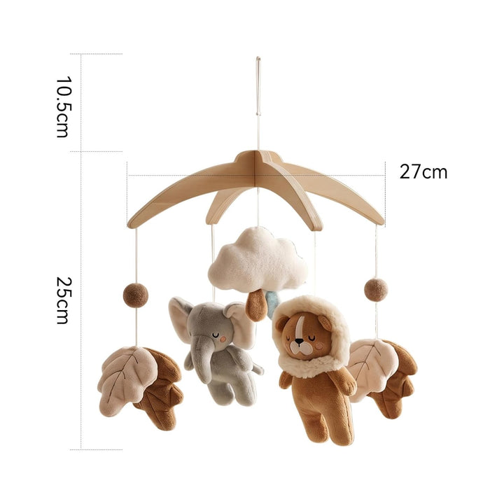 Safari Dschungel Plüsch Baby Mobile,Elefant Löwe und Blätter Holz Handgemachte Windspiel für Babybet