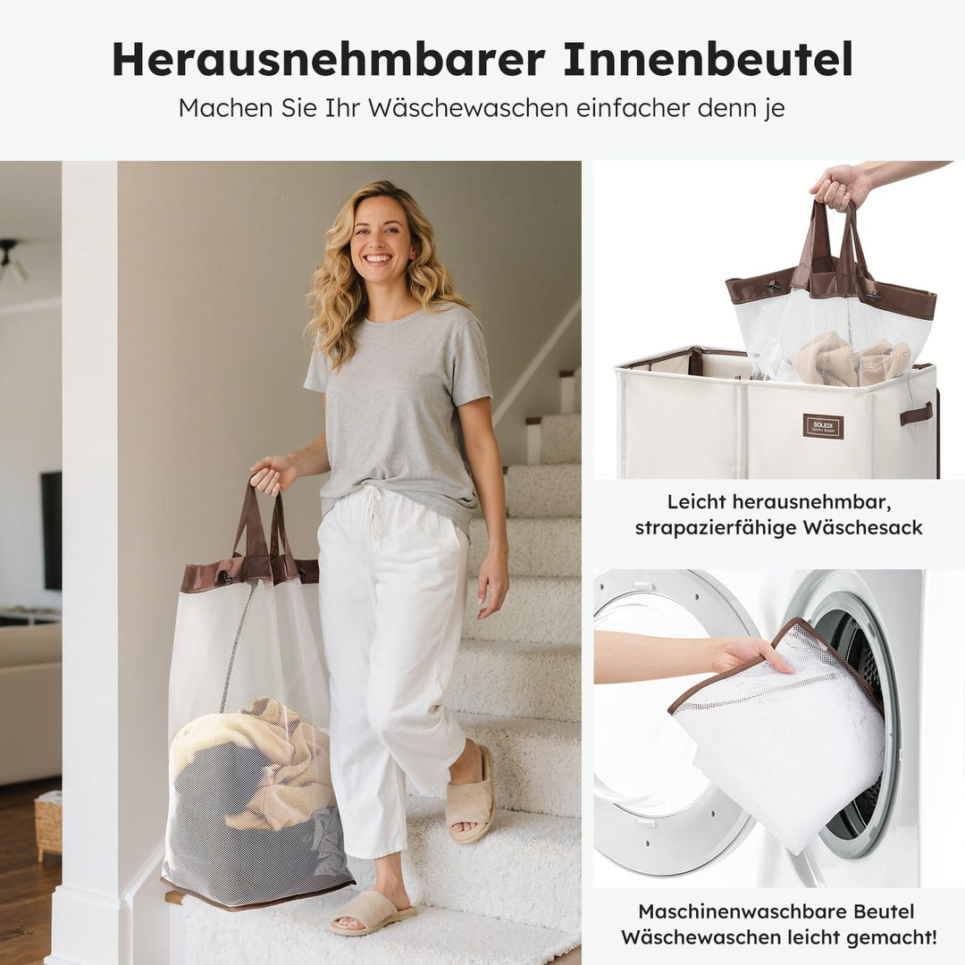 SOLEDI 180L Wäschekorb mit Deckel, Wäschesammler 2 Fächer mit 2 Seitentaschen, Laundr Baskets mit 2