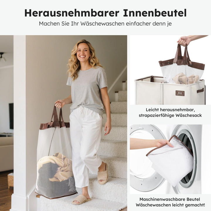 SOLEDI 180L Wäschekorb mit Deckel, Wäschesammler 2 Fächer mit 2 Seitentaschen, Laundr Baskets mit 2