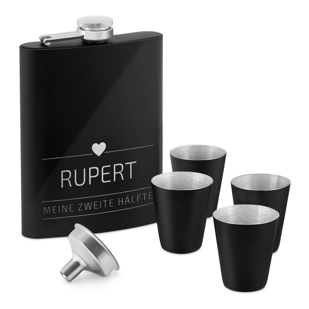 Maverton Flachmann Set 200 ml mit Gravur - Taschenflasche + 4 Schnapsgläsern 20 ml mit Trichter - Br