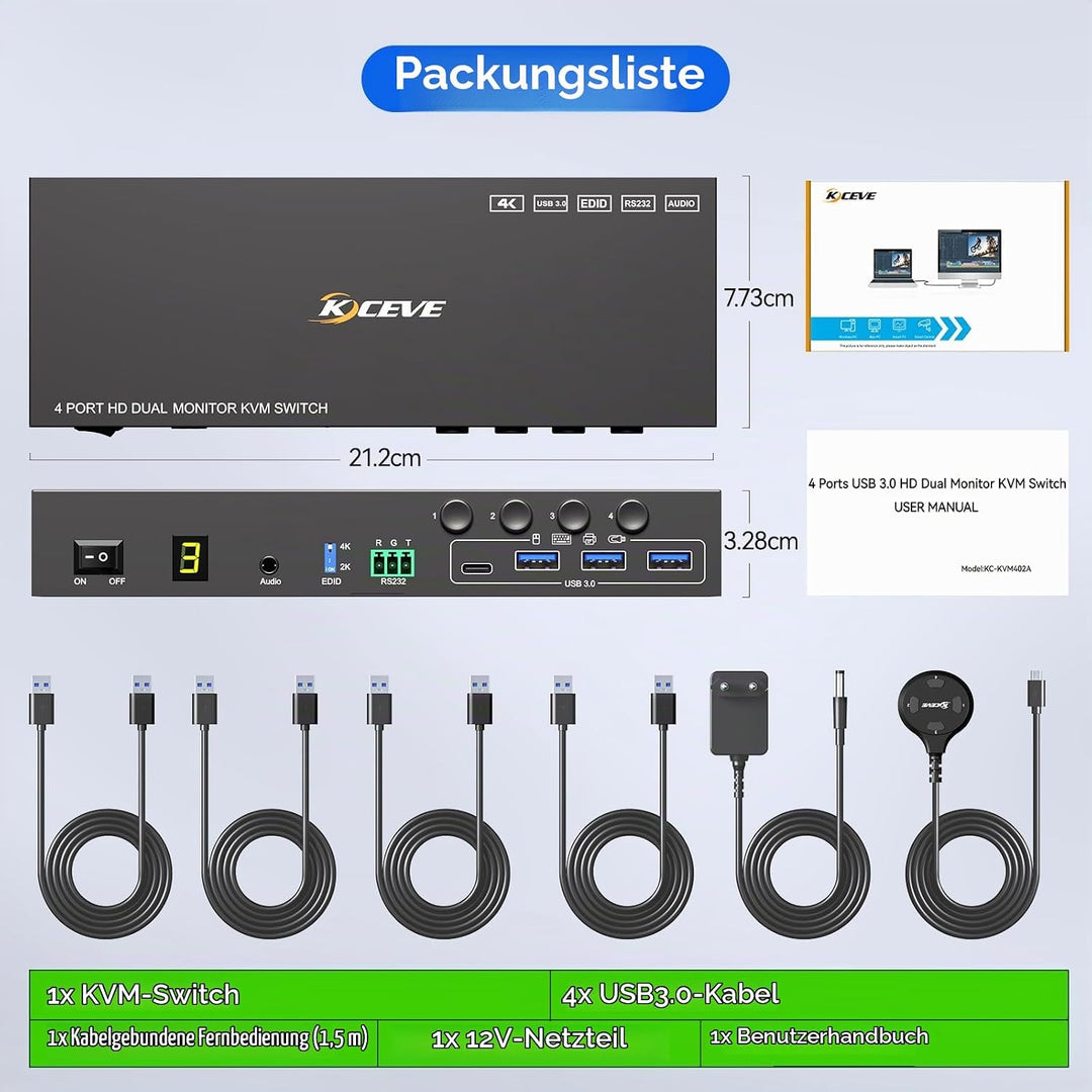 4 Port HDMI KVM Switch 4 PC 2 Monitore 4K@60Hz EDID-Simulation, Dual Monitor KVM Switch mit 4 USB 3.