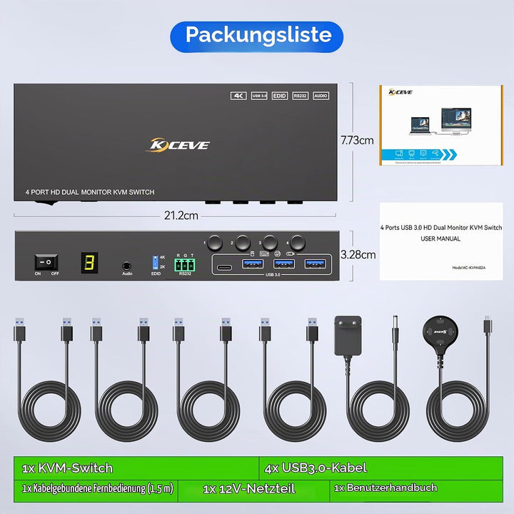 4 Port HDMI KVM Switch 4 PC 2 Monitore 4K@60Hz EDID-Simulation, Dual Monitor KVM Switch mit 4 USB 3.