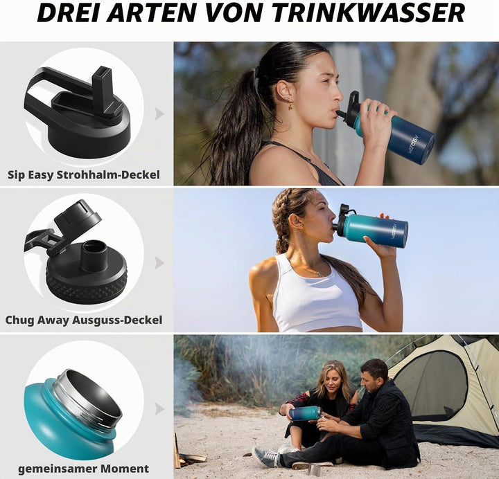 WATERSY Isolierte Edelstahl Trinkflasche 32oz Vakuumisolierte Thermosflasche mit 2 Deckel Auslaufsic