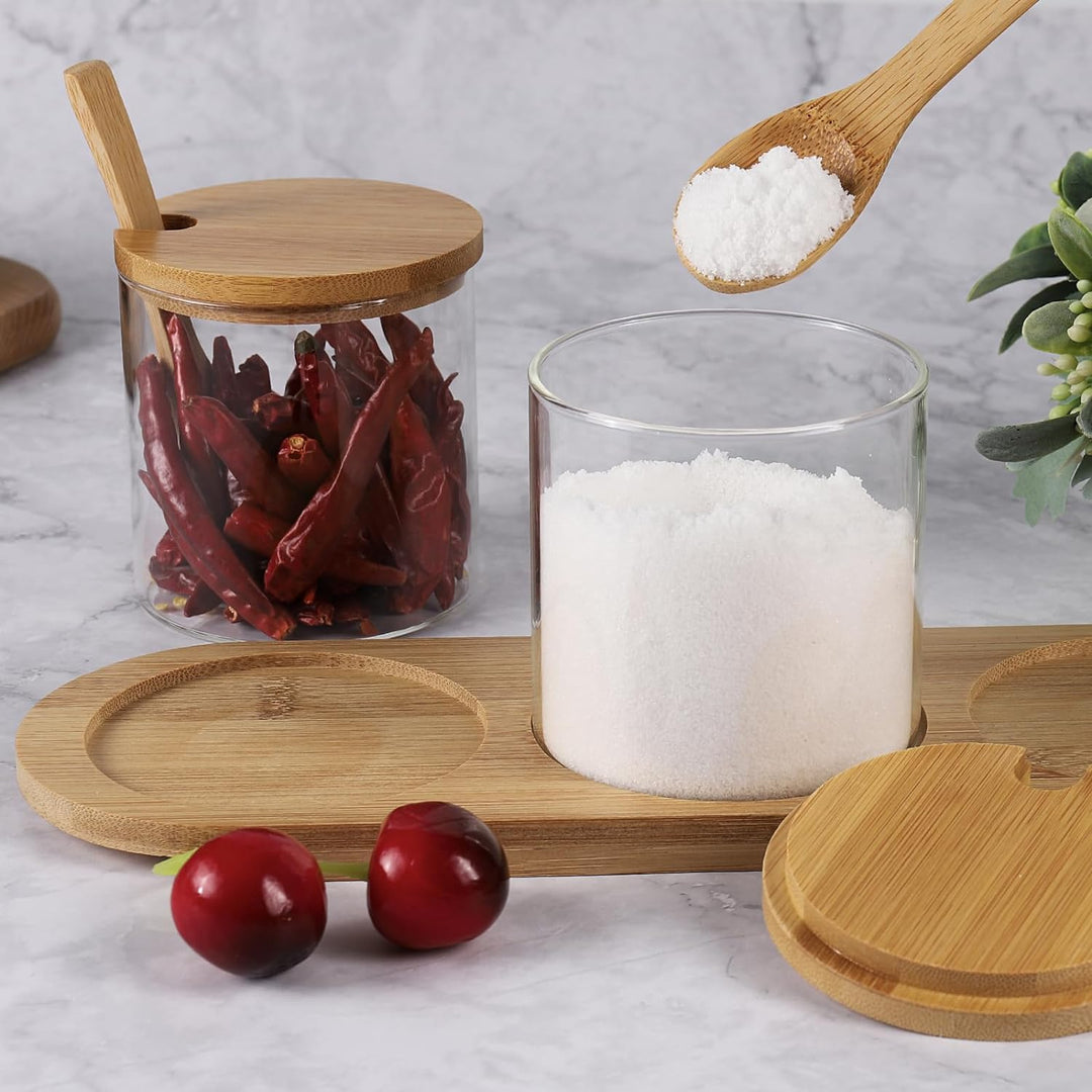 Czemo Gewürzgläser 3x300ML Gewürzdosen Glas Gewürzstreuer Set mit Löffel Deckel Paletten Gewürz Gläs