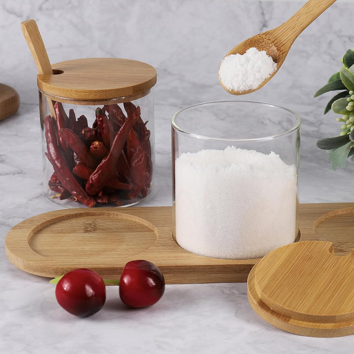Czemo Gewürzgläser 3x300ML Gewürzdosen Glas Gewürzstreuer Set mit Löffel Deckel Paletten Gewürz Gläs