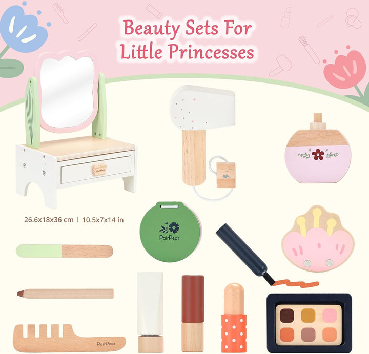 PairPear Holz-Kosmetikset für Kinder mit drehbarem Spiegel, Beauty-Salon Spielset mit 19 Zubehörteil