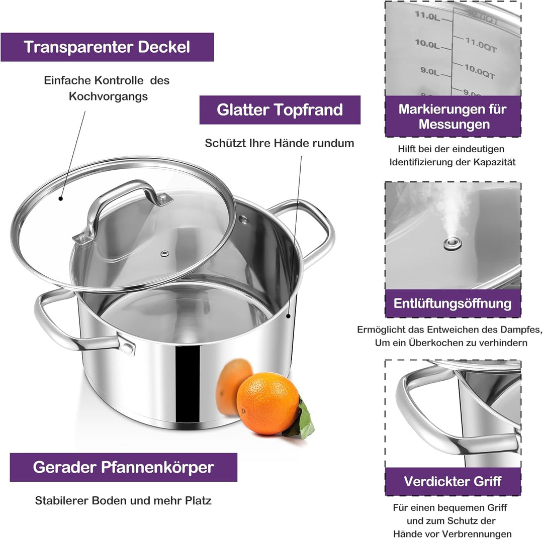 Joyfair Kochtopf, 22cm Edelstahl Suppentopf mit Glasdeckel, 3-Lagen Edeastahl Topf Induktion für all