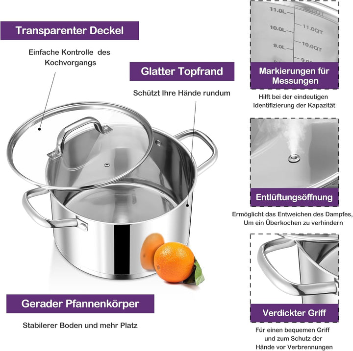 Joyfair Kochtopf, 22cm Edelstahl Suppentopf mit Glasdeckel, 3-Lagen Edeastahl Topf Induktion für all