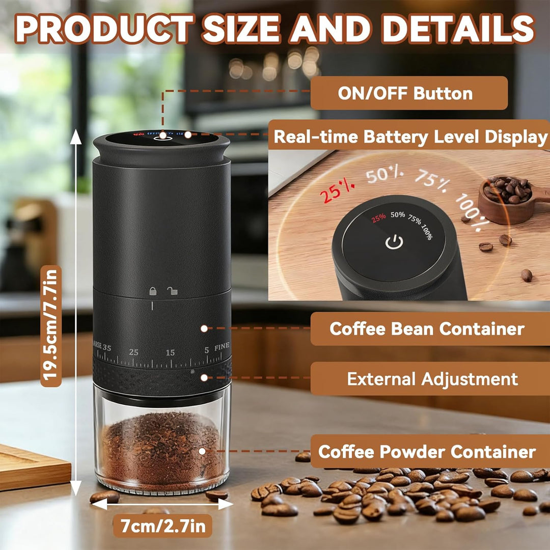 Kaffeemühle Elektrisch, USB Wiederaufladbare Tragbare Kaffemühle mit 38-stufiger Mahlgrad-Einstellun