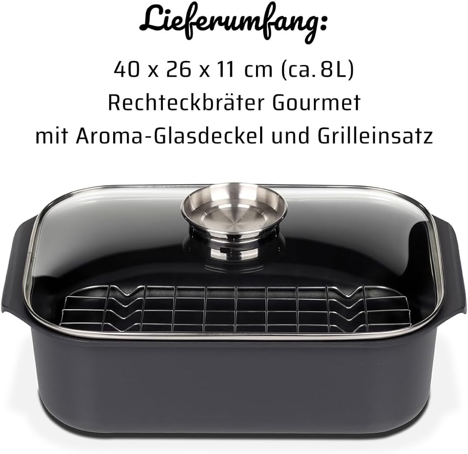GSW Rechteckbräter Gourmet mit Aroma-Glasdeckel und Grilleinsatz, Aluguss, Induktionsfähig, Schwarz,