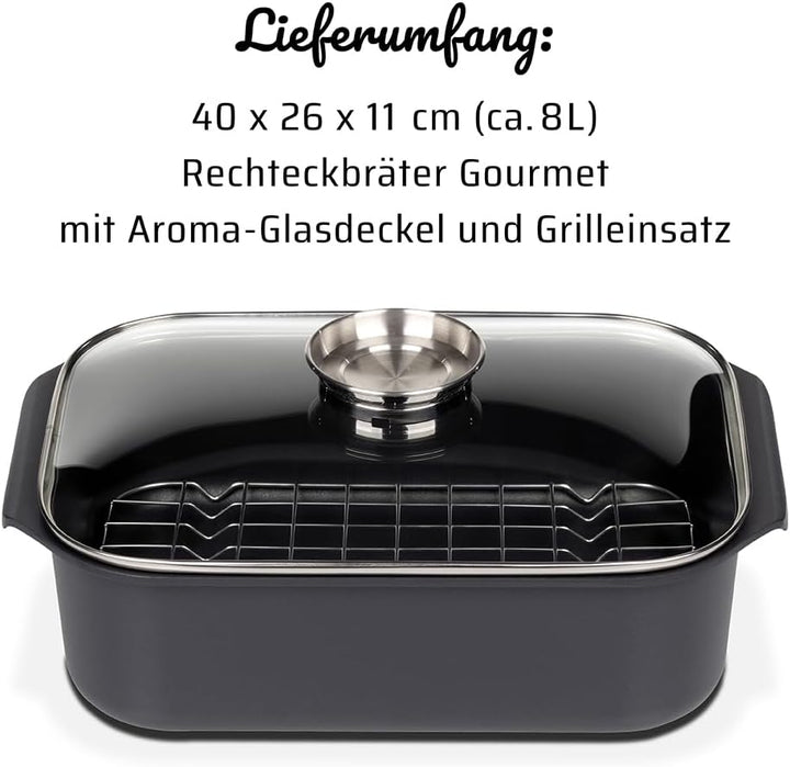 GSW Rechteckbräter Gourmet mit Aroma-Glasdeckel und Grilleinsatz, Aluguss, Induktionsfähig, Schwarz,