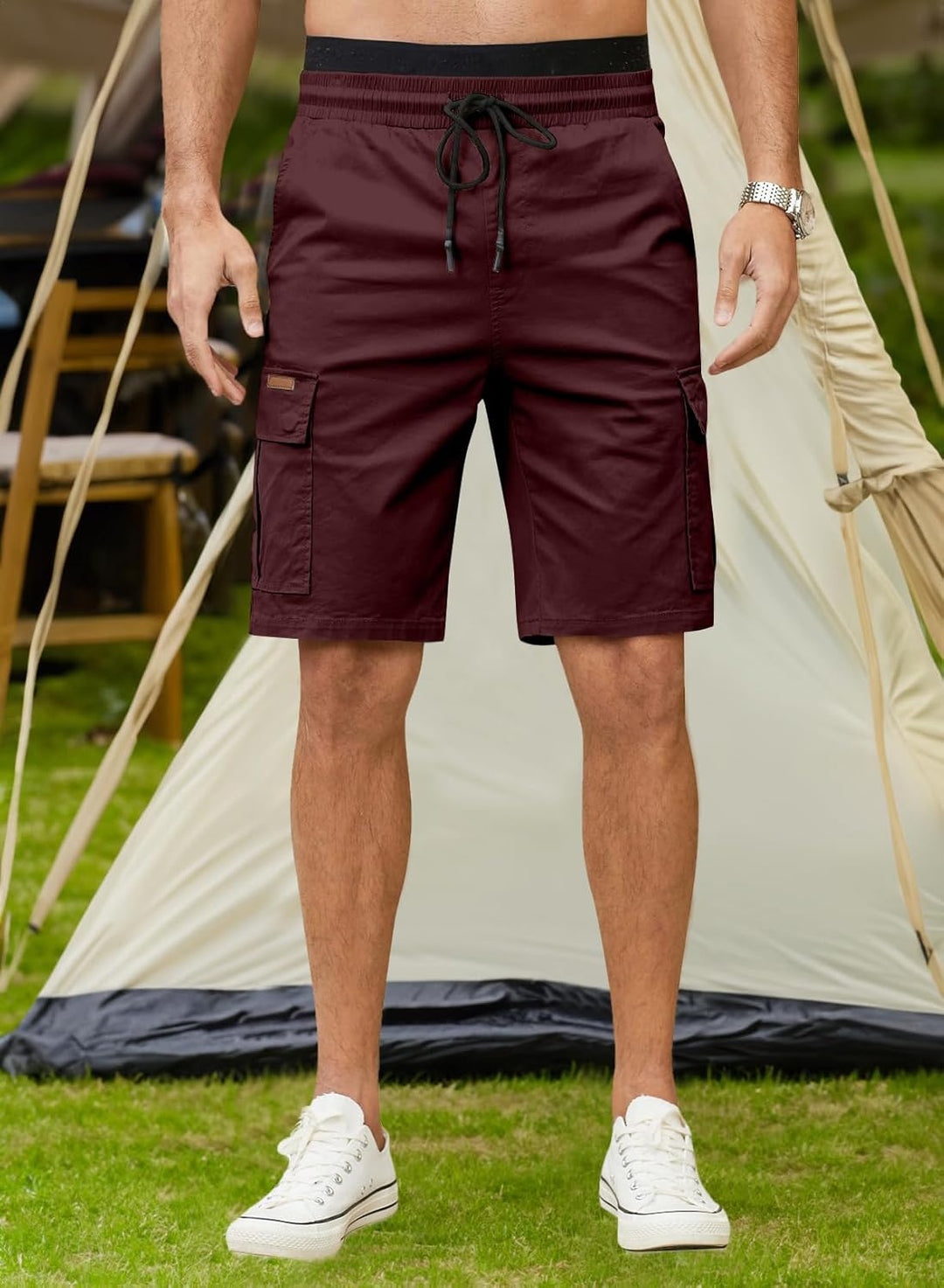 JMIERR Kurze Hosen Herren Baumwolle Cargo Shorts Herren Sommer Freizeithose mit Taschen S Burgundy,