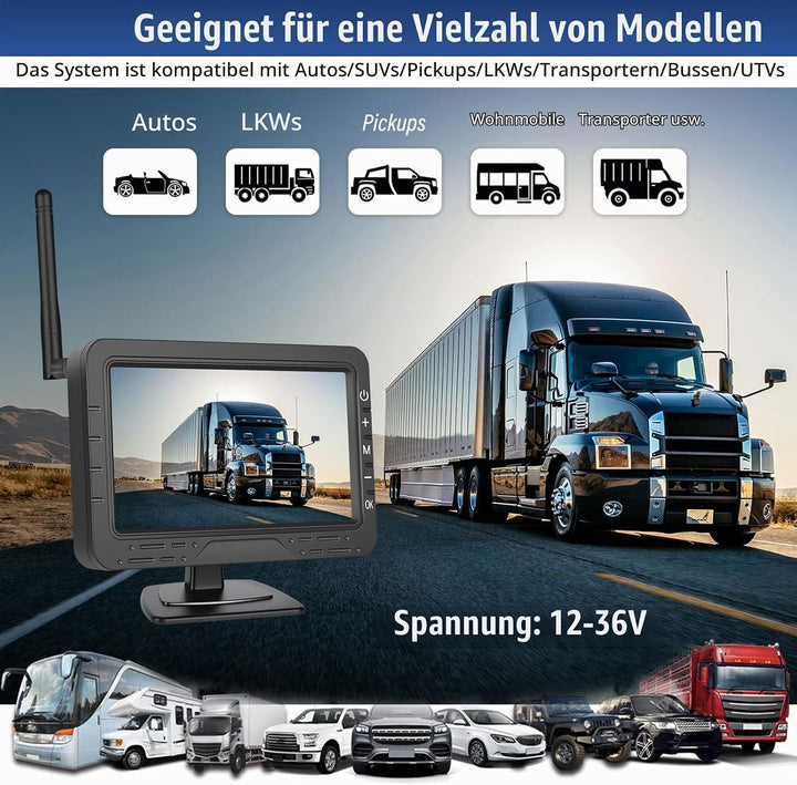 CAMECHO HD Rarückfahrkamera kabellos 4,3 Zoll Wireless-Übertragung, IP68-Wasserdichtigkeit, Infrarot
