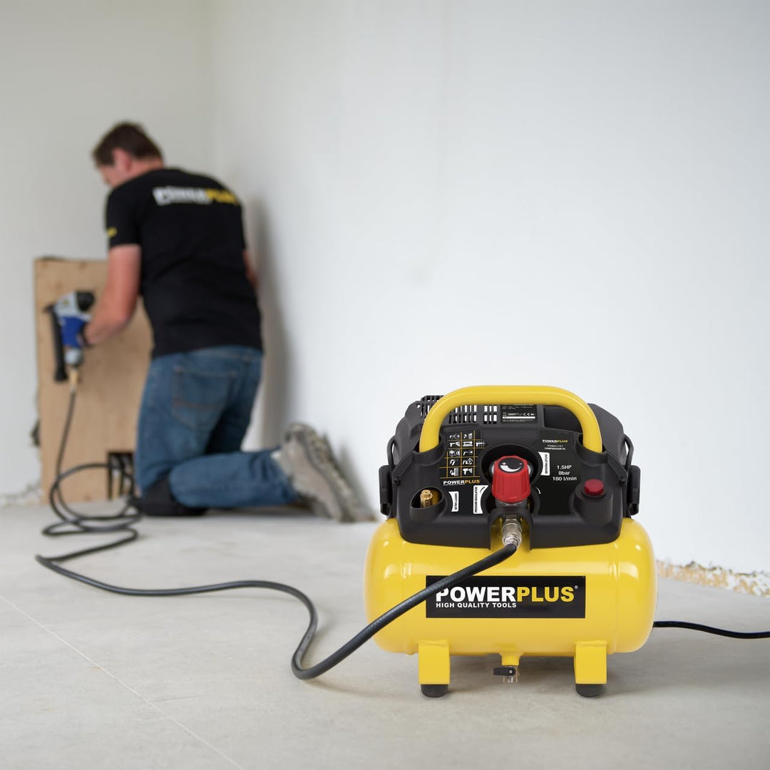 Powerplus kraftvoller Druckluft Kompressor 1.100 Watt Leistung, 1,5 PS, 6 Liter Tank - Art. Nr. POWX