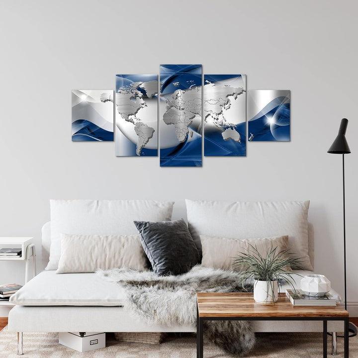 Runa Art Wandbilder Weltkarte 5 Teilig Bild auf Vlies Leinwand Deko Büro Wohnzimmer Abstrakt Silber