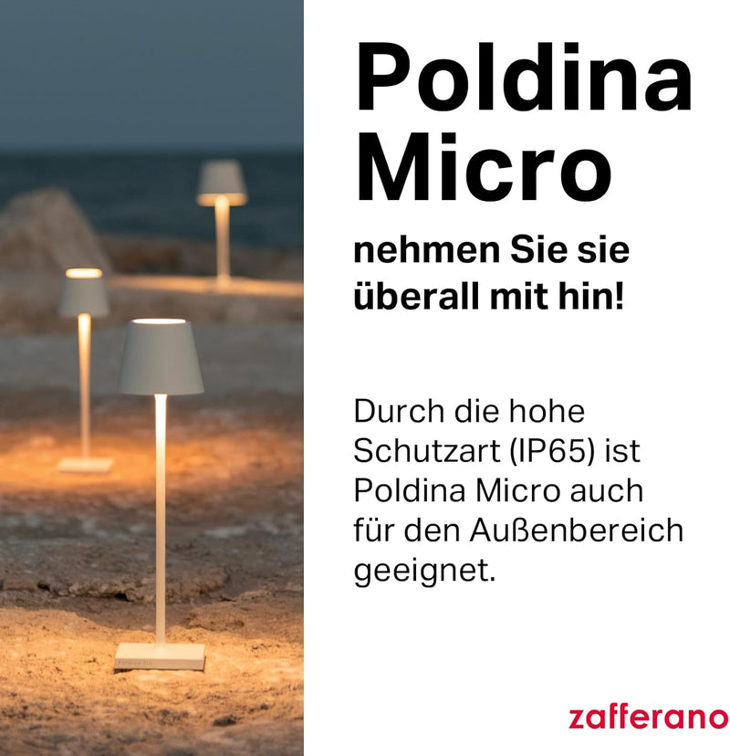 Zafferano Poldina Pro Micro Kabellose LED-Tischlampe Aufladbar - Dimmbare Touch Akku Lampe für Innen