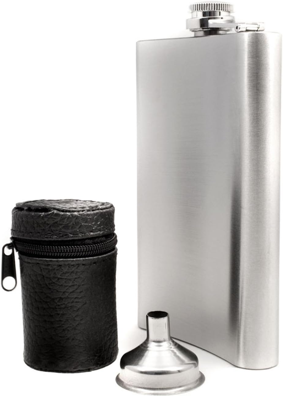 Edelstahl Flachmann Geschenk-Set, Brust-Flasche, Einfüll-Trichter, 4 Becher, Leder-Tasche, in Gesche