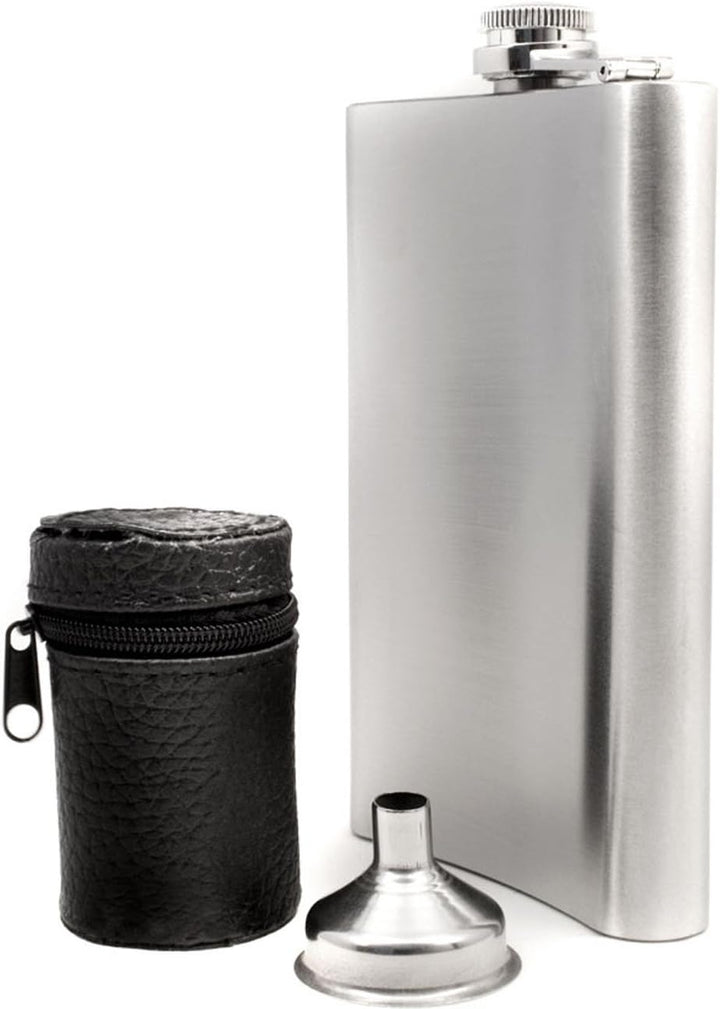 Edelstahl Flachmann Geschenk-Set, Brust-Flasche, Einfüll-Trichter, 4 Becher, Leder-Tasche, in Gesche