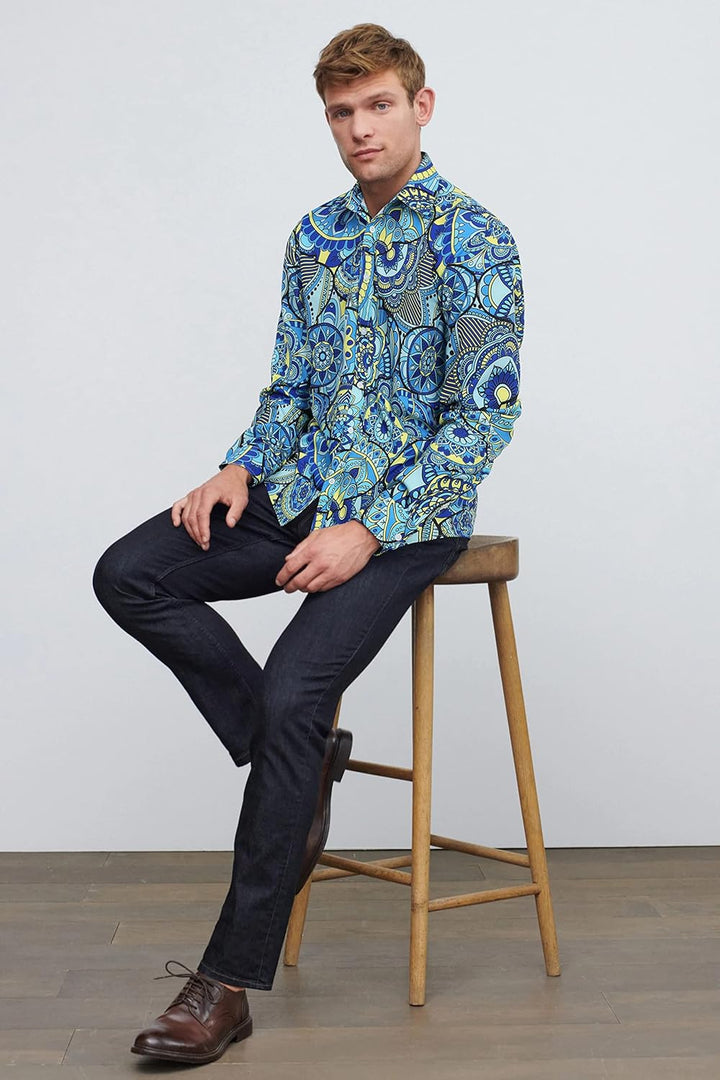 HISDERN Herren Paisley Hemd Langarm Satin Blumen Muster Hemd für Männer Jacquard Stickerei Freizeith