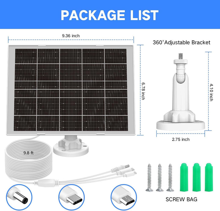 8W Solarpanel für Überwachungskamera Aussen Akku – IP65 Solar Panel mit 3‑in‑1 USB‑C/Micro/DC, inkl.