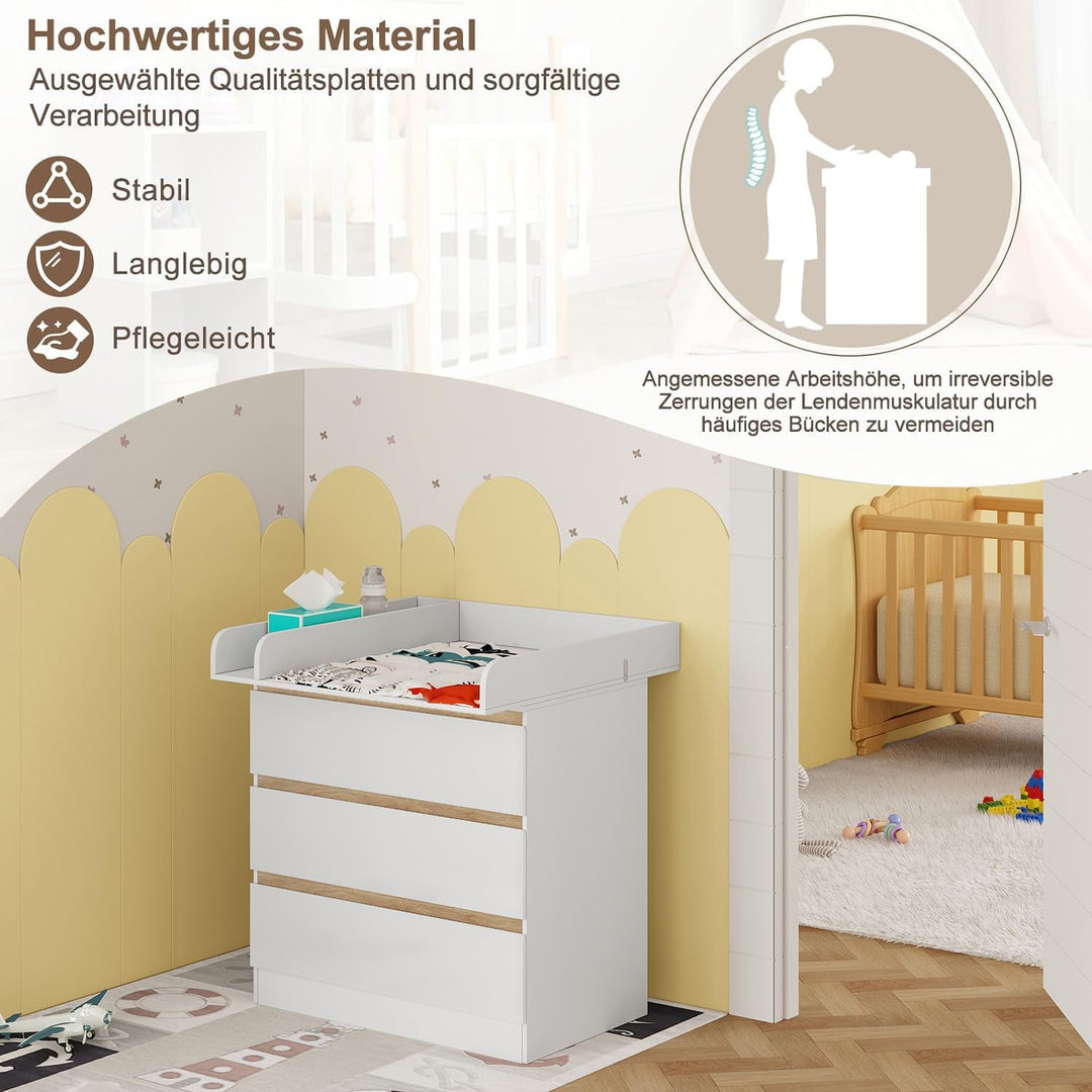 WOLTU Wickelkommode mit Wickelaufsatz, Wickeltisch, Kommode mit 3 Schubladen, Wickelaufsatz abnehmba