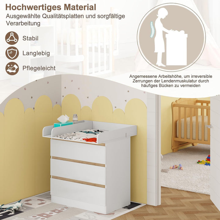 WOLTU Wickelkommode mit Wickelaufsatz, Wickeltisch, Kommode mit 3 Schubladen, Wickelaufsatz abnehmba