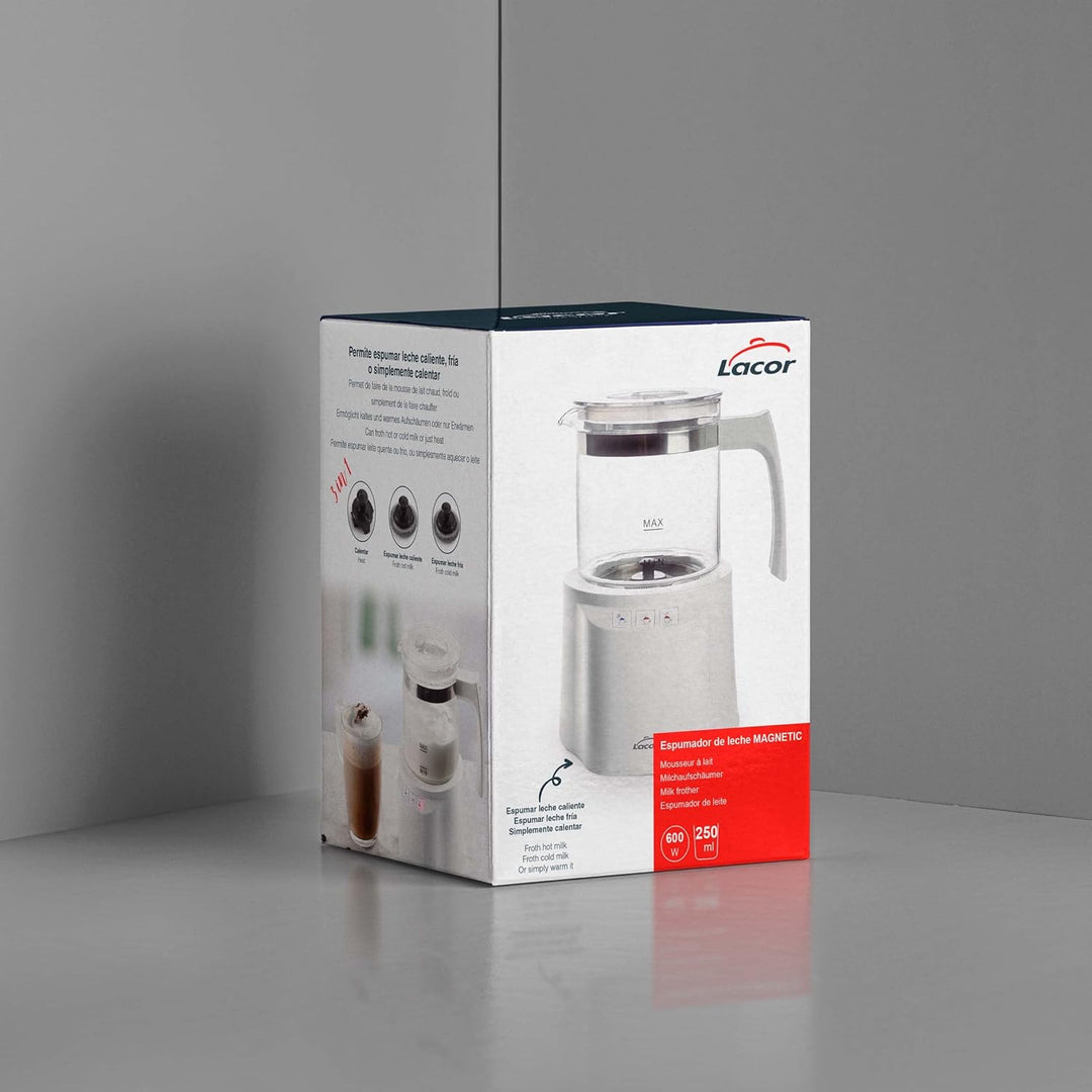 LACOR 69398 Mann 3-in-1 Milchaufschäumer mit Behälter, Edelstahlboden, luftdichter Deckel und ergono