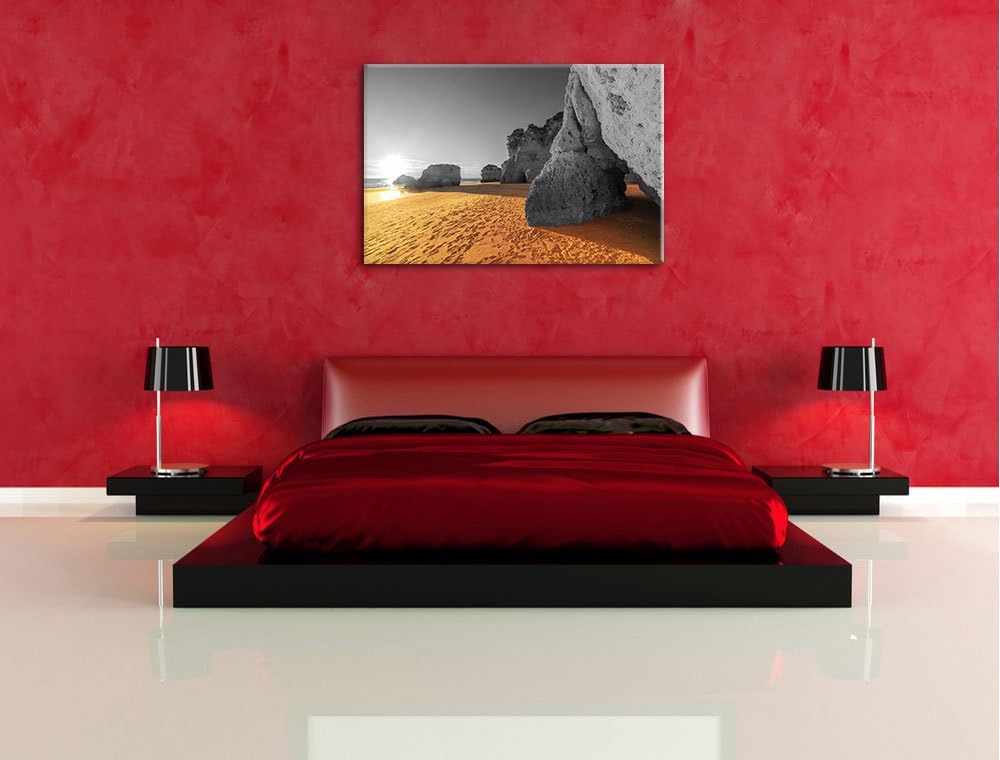 Riesige Felsen am Strand schwarz/weiss Format: 100x70 auf Leinwand, XXL riesige Bilder fertig gerahm