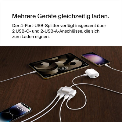 Belkin 4-Port USB-Splitter mit 2-m-Kabel, 2 USB-C- und 2 USB-A-Ports, USB-Adapter mit 30 W Leistung,