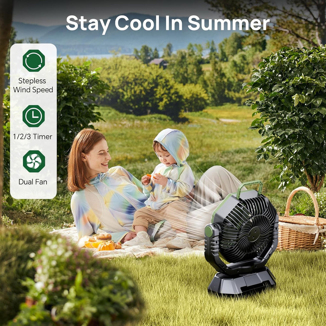 AJVV Camping Ventilator mit akku 20000mAh, Akku Ventilator mit Fernbedienung/LED Licht/270° Drehung,