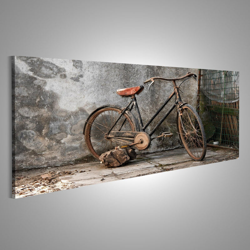 islandburner Bild Bilder auf Leinwand altes rostiges Fahrrad über einem Grunge Hintergrund Wandbild,