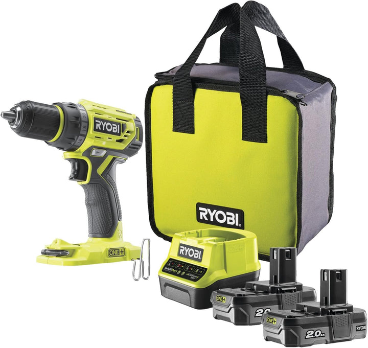 Ryobi – Bohrschrauber One+ 18 V Li-Ion 2 x 2,0 Ah 13 mm 2 Geschwindigkeiten mit Werkzeugtasche – R18