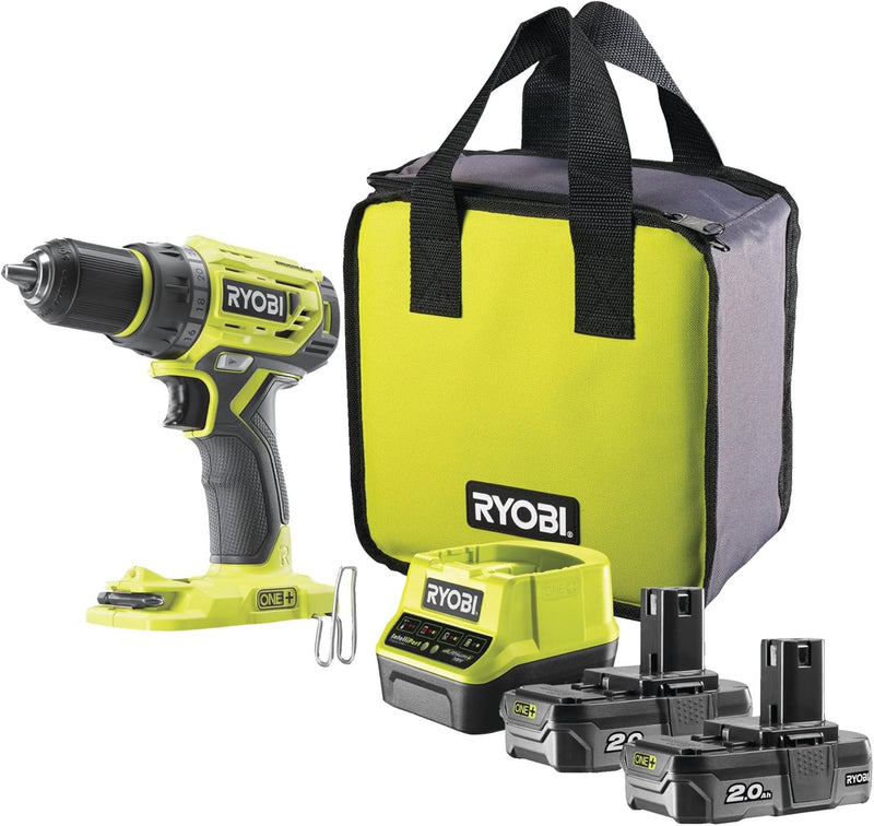 Ryobi – Bohrschrauber One+ 18 V Li-Ion 2 x 2,0 Ah 13 mm 2 Geschwindigkeiten mit Werkzeugtasche – R18