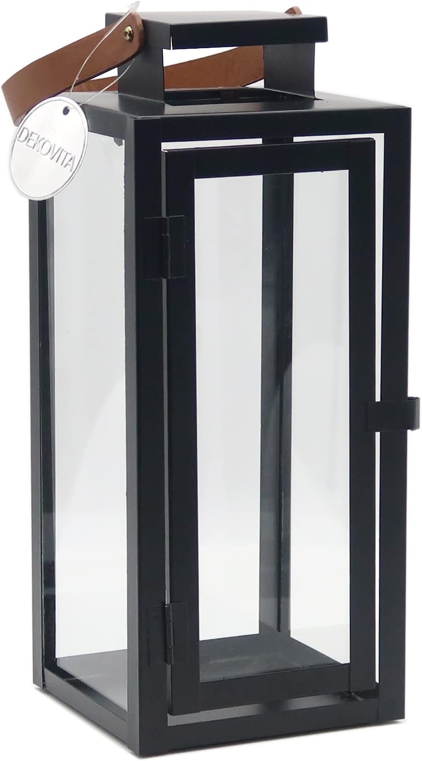 Dekovita 30cm Laterne in Schwarz - Gartenlaterne mit Glas-Scheiben und Kunstleder-Henkel - Metall De