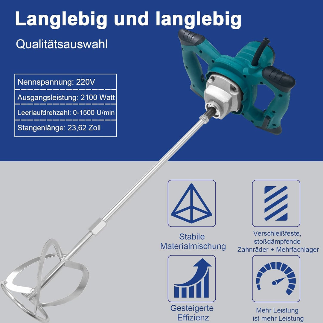 Betonrührer 2100 W mit 6-Gang-Getriebe M14 Spiralrührstange Leistungsstarker Rührer für Beton, Mörte