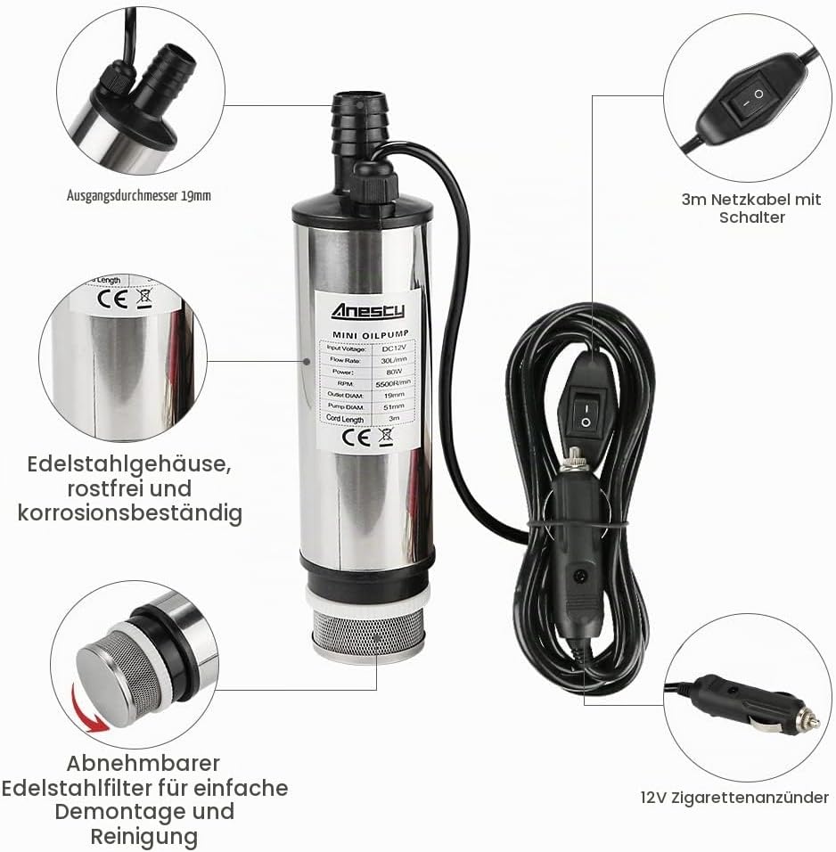 Edelstahl Transfer Pumpe 12V 51mm Wasserpumpe Tauchpumpe für Auto Diesel Öl Heizöl Wasser Kraftstoff